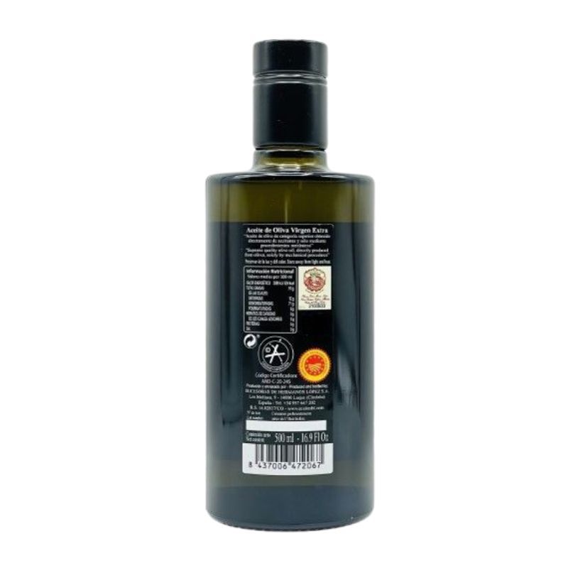 lateral Aceite de oliva virgen extra La Laguna Selecta 500 ml en botella AOVE D.O.P. Baena