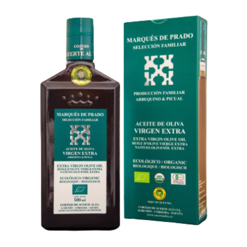 Aceite de oliva virgen extra ecológico Suerte Alta 500 ml en estuche Arbequina y Picual