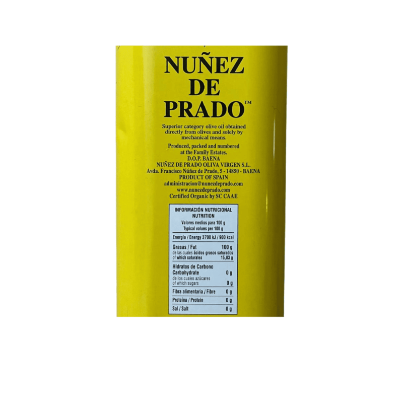 Etiqueta de información nutricional del aceite de oliva virgen extra ecológico Núñez de Prado 5L